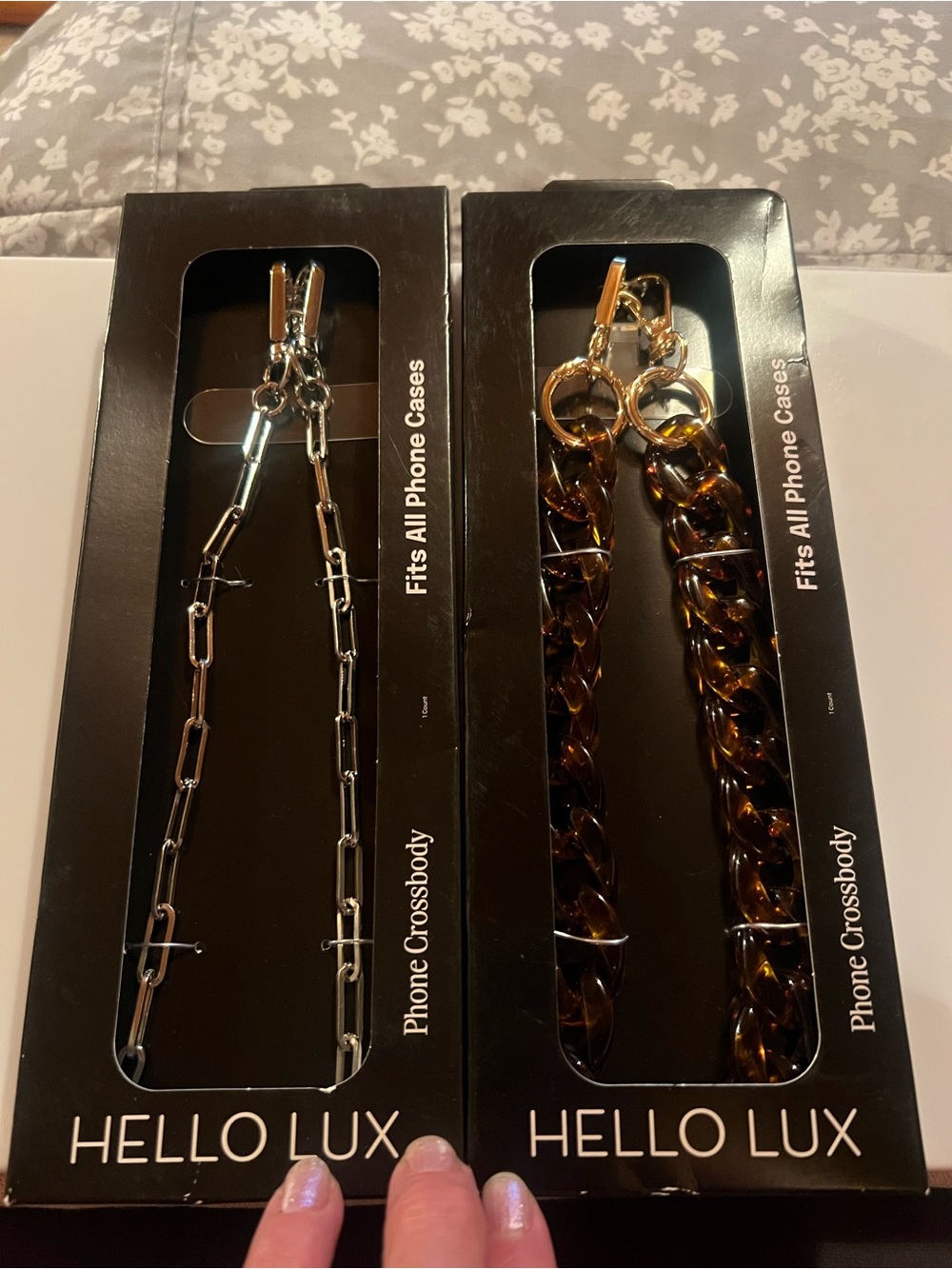 Hello Lux 2 phone crossbodys, tortoise link & paper clip chain, new in boxes